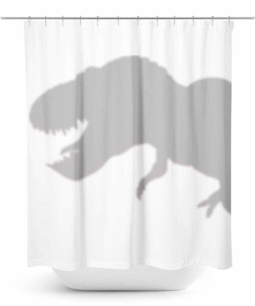 Dinosaur hiding behind shower curtain