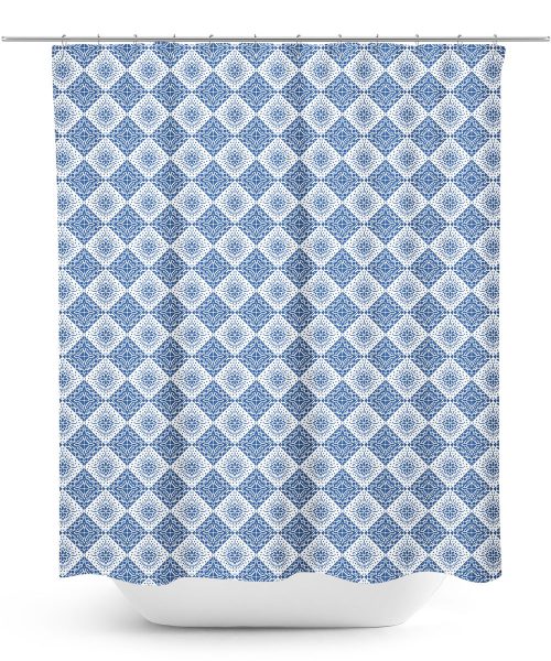 Blue and white diamond pattern shower curtain