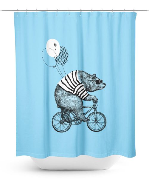 Bear riding bicycle blue shower curtain