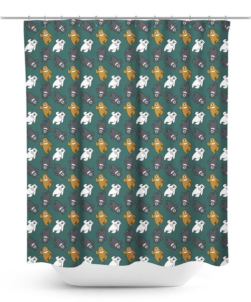 Dark green shower curtain with cartoon bears dancing