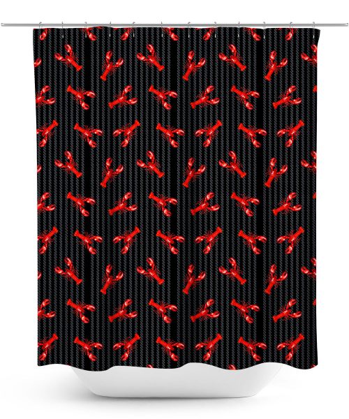 Red Lobster Pattern on Black Pinstripe Shower Curtain