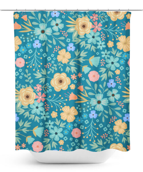 Blue Large Floral Print Shower Curtain